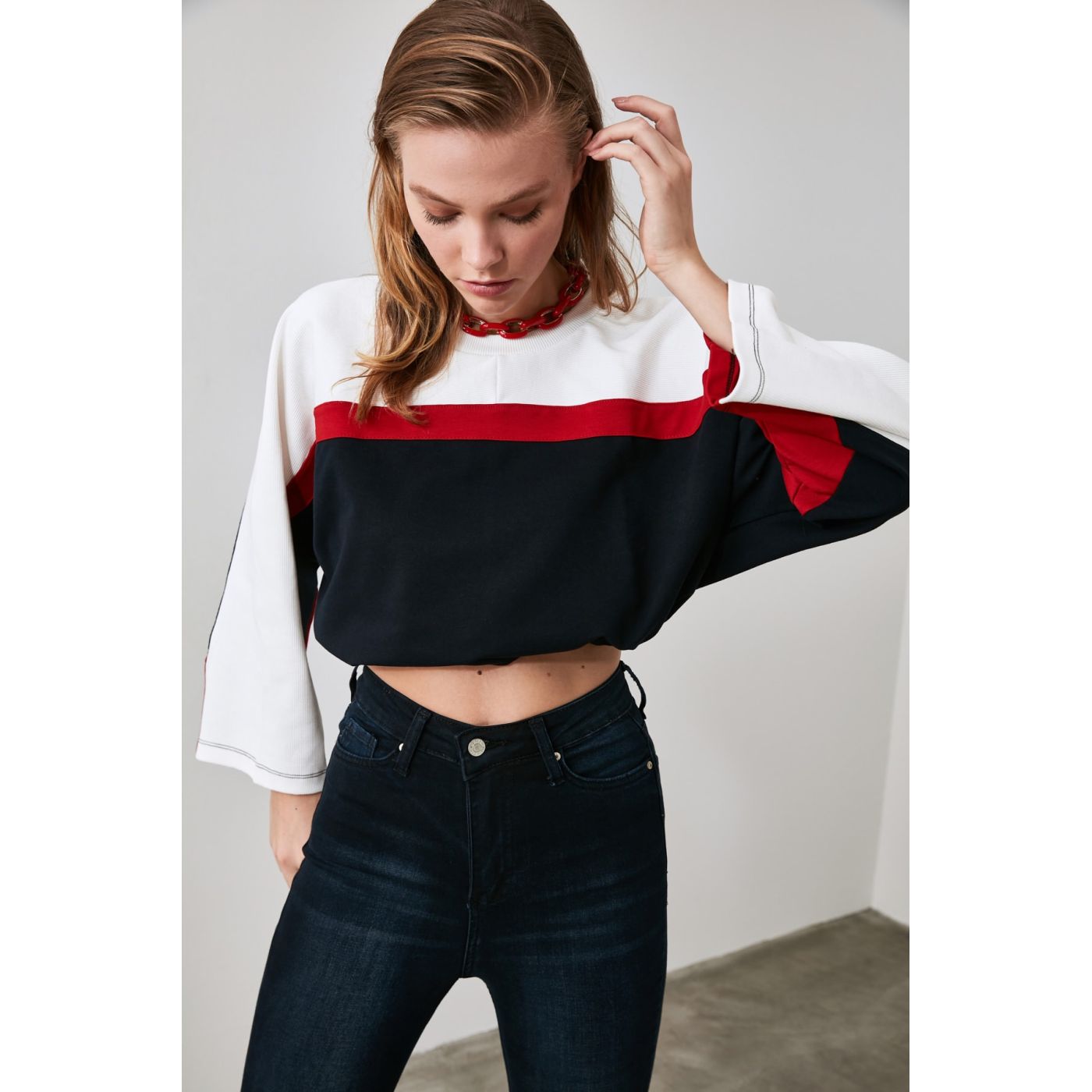 Trendyol Navy Color Block Crop Knitted Sweatshirt
