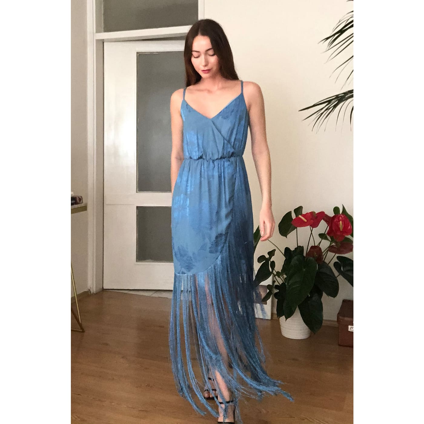 Trendyol Blue Tassel Detail Jacquard Satin Dress