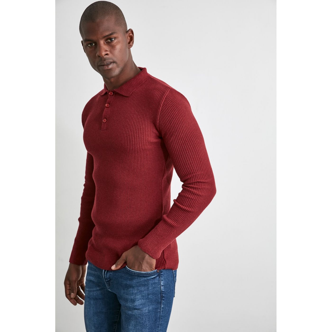 Trendyol Burgundy Men's Button Polo Collar Sweater