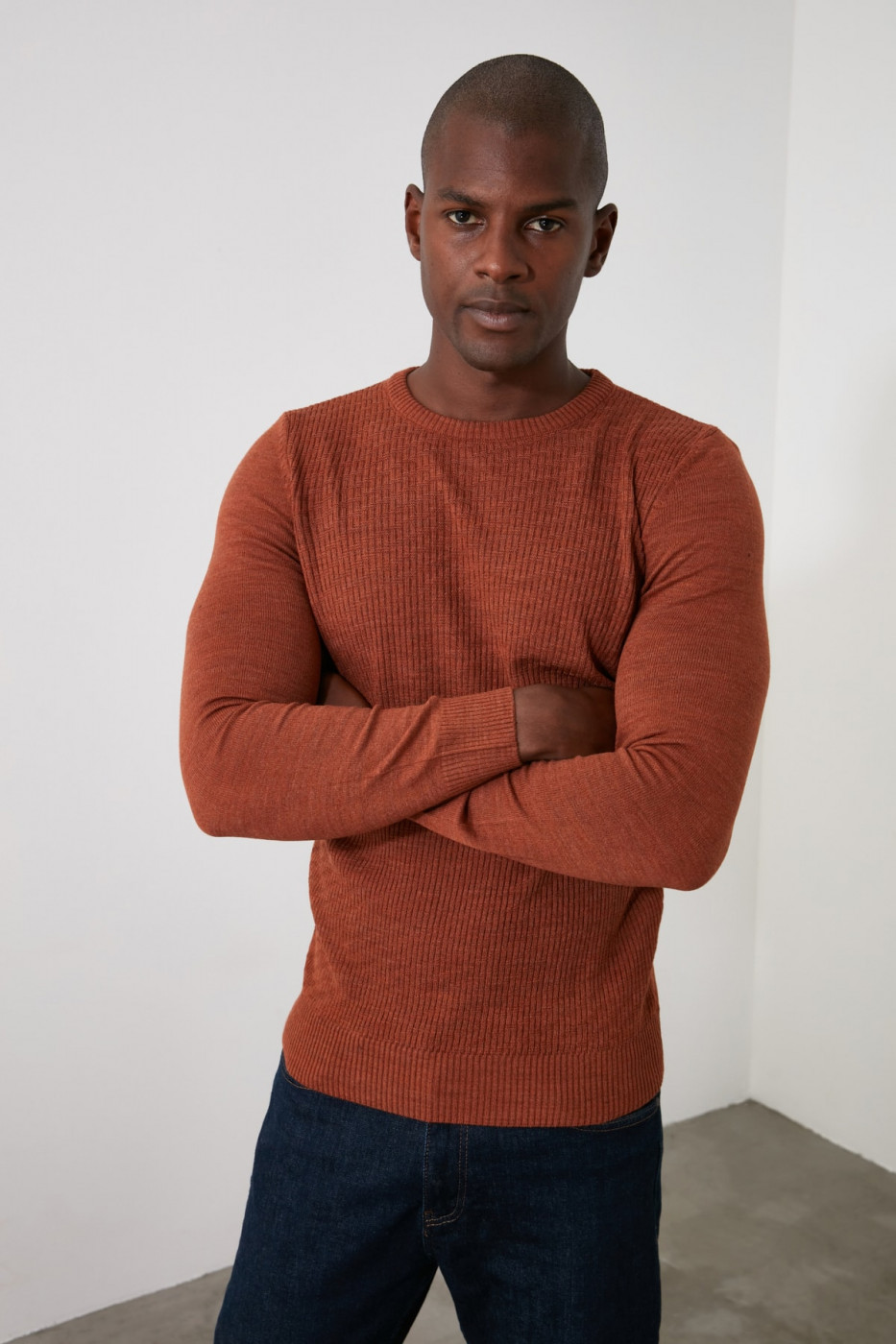 Trendyol Cinnamon Men's Bicycle Collar Textured Knitwear Sweater