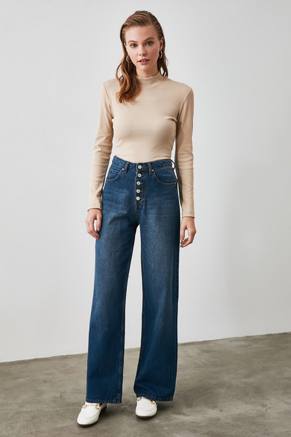 Trendyol Blue Front Button High Waist Wide Leg Jeans
