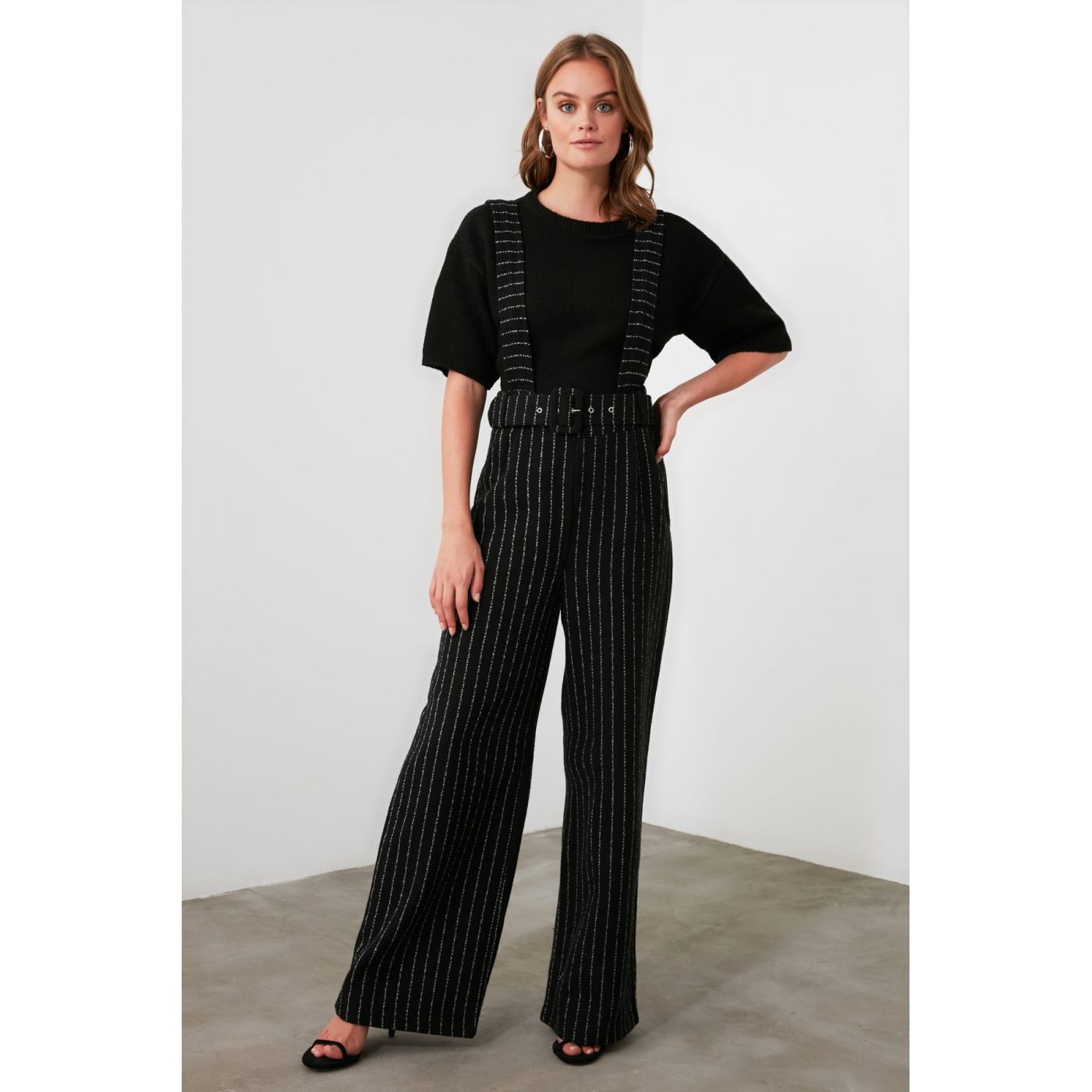 Trendyol Black Belt Straps Striped Jumpsuit