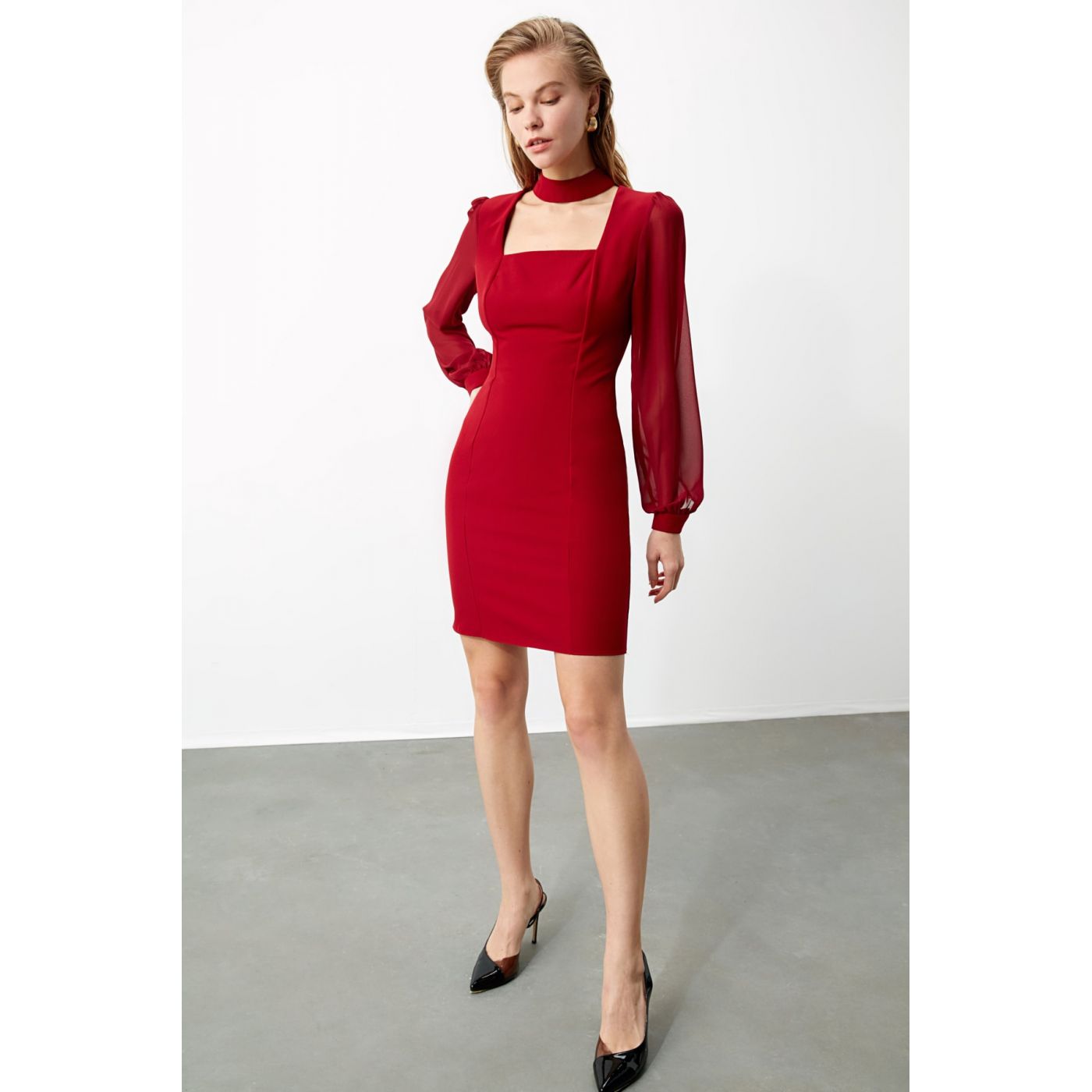 Trendyol Burgundy Choker Collar Dress