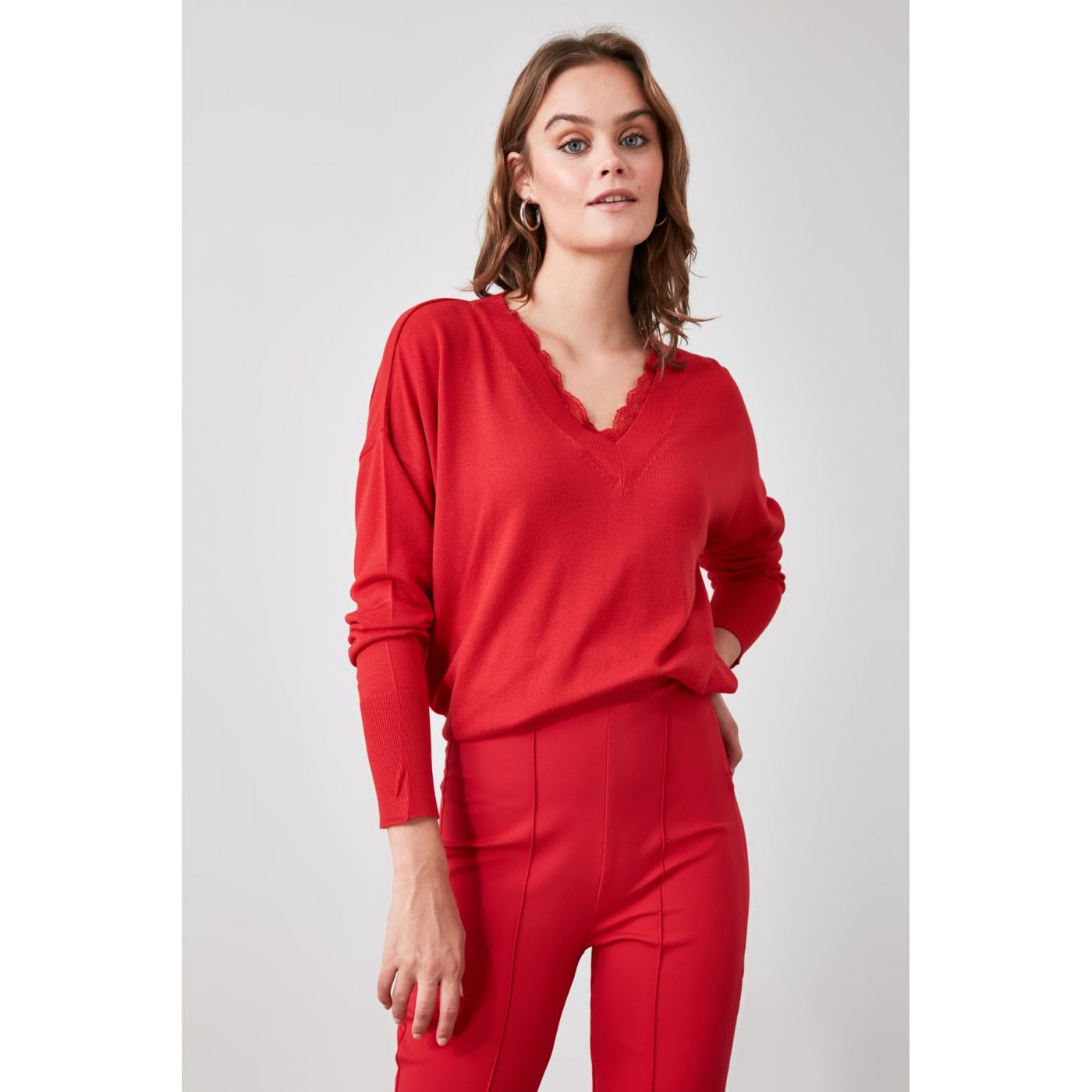 Trendyol Knitwear Sweater with Red Lace Detailing