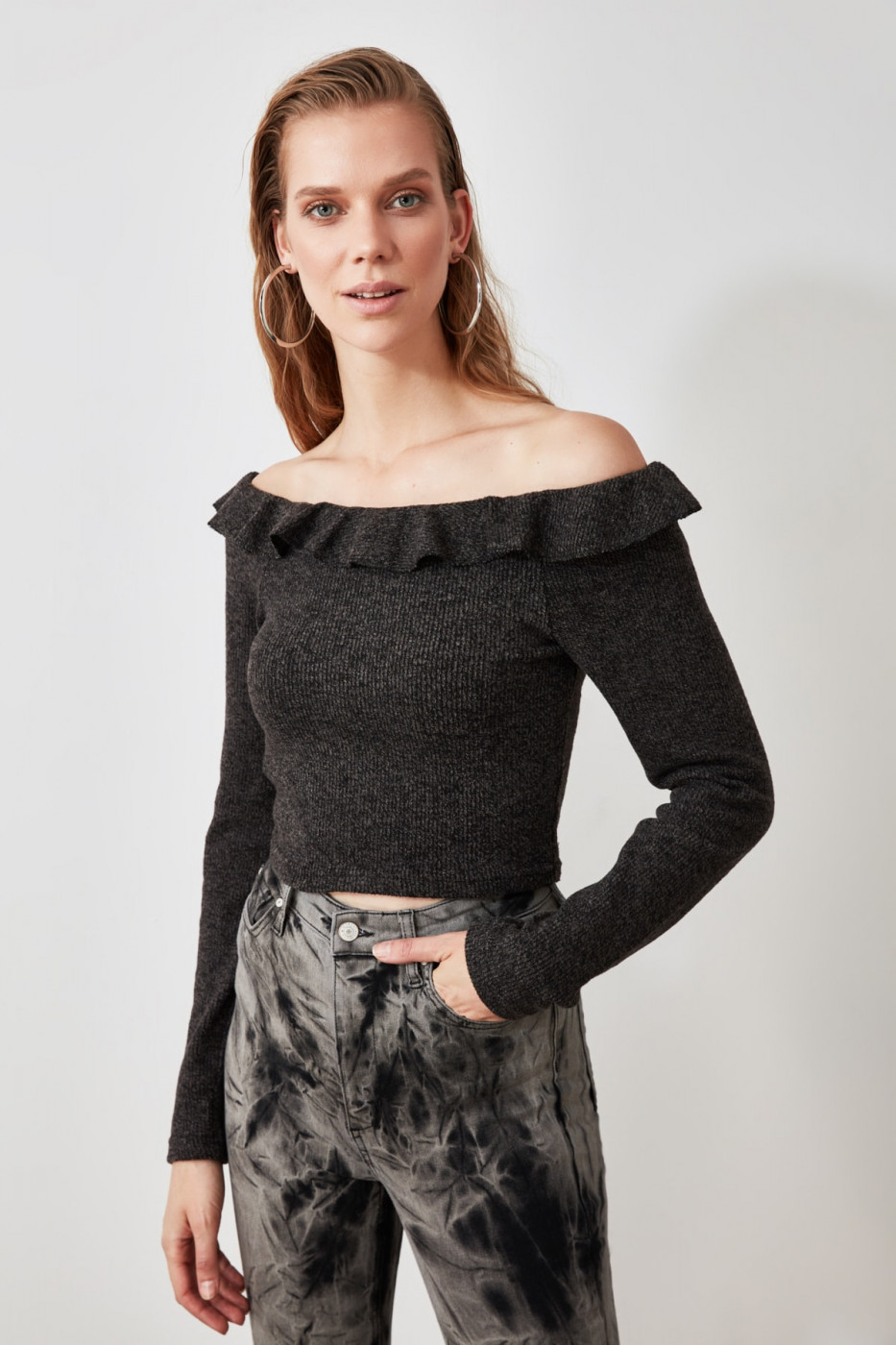 Trendyol Anthracite Carmen Collar Knitted Blouse