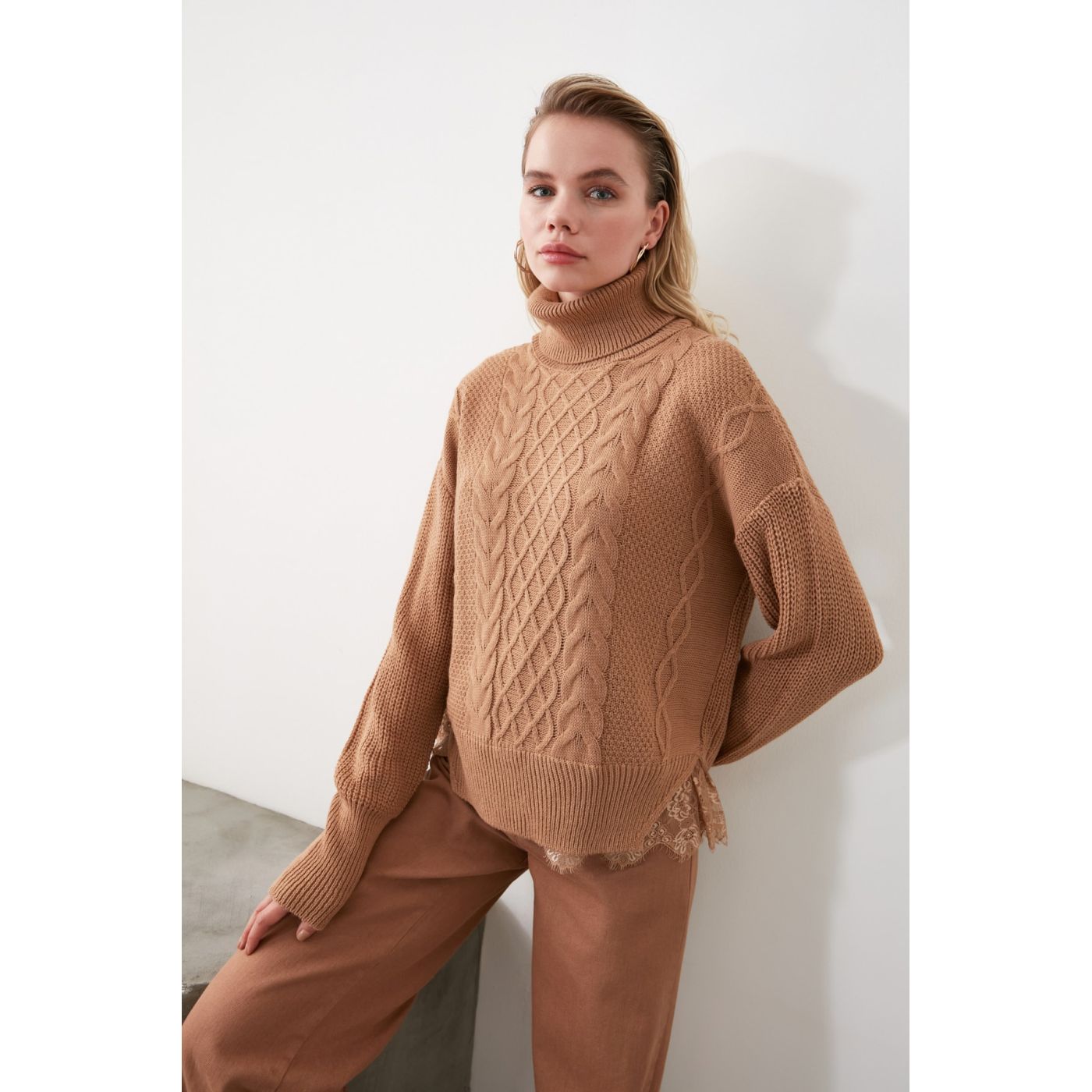 Trendyol Camel Lace Detailed Knitwear Sweater