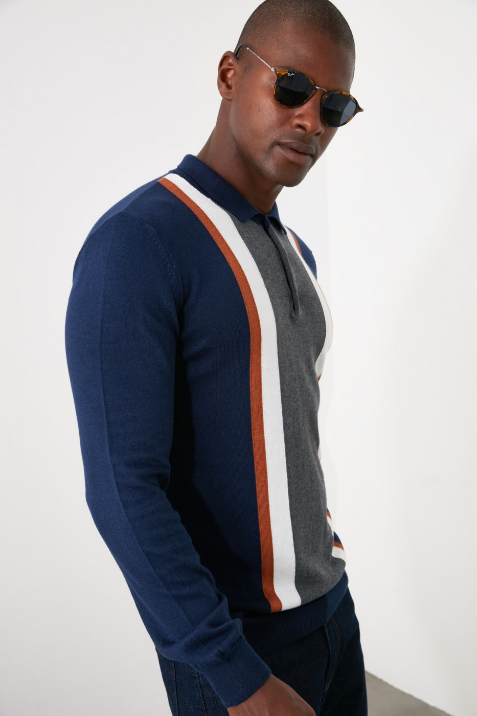 Trendyol Navy Men's Polo Collar Line Paneled Knitwear Sweater