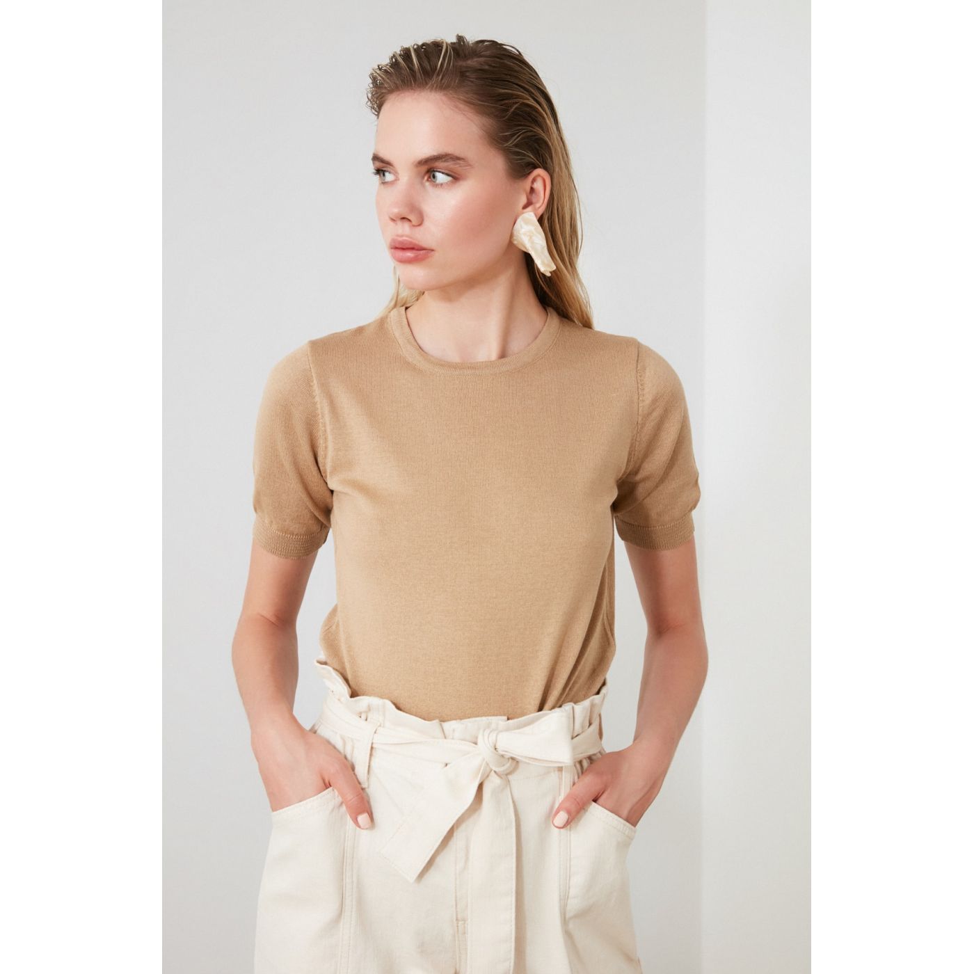 Trendyol Camel Bicycle Collar Short Sleeve KnitWear Sweater