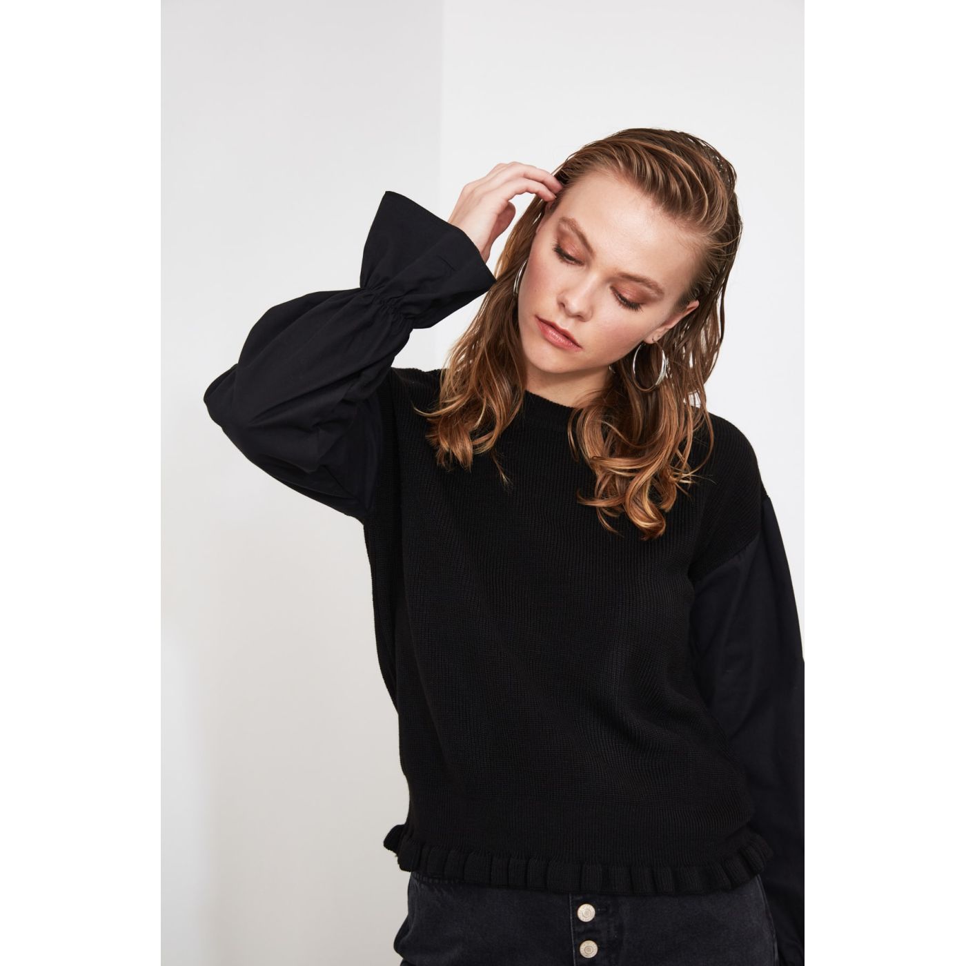 Trendyol Black Woven Garnian Knit Sweater