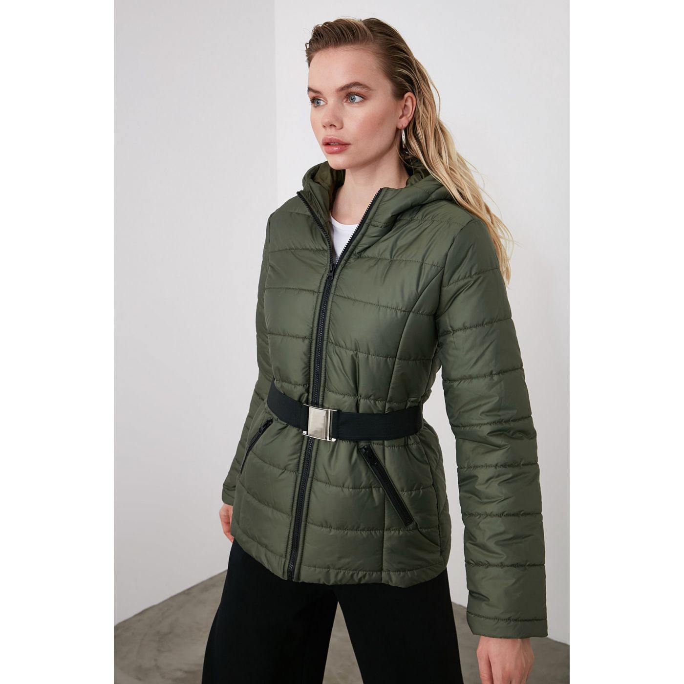 Trendyol Khaki Hooded Metal Buckle Belt Inflatable Coat