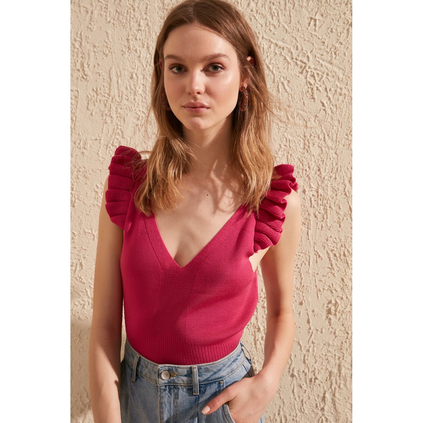 Trendyol Pink V-neck frilled knitwear blouse