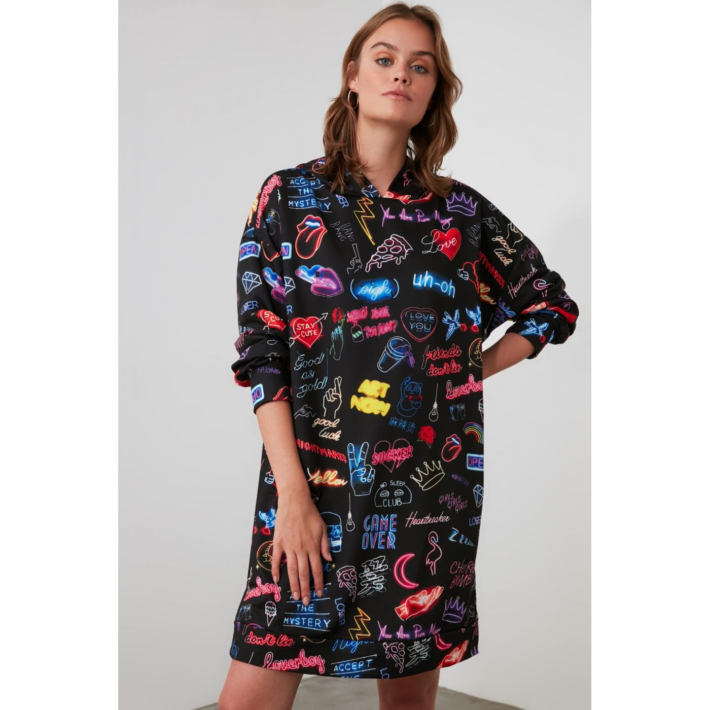 Trendyol Black Printed Knitted Sweat Dress
