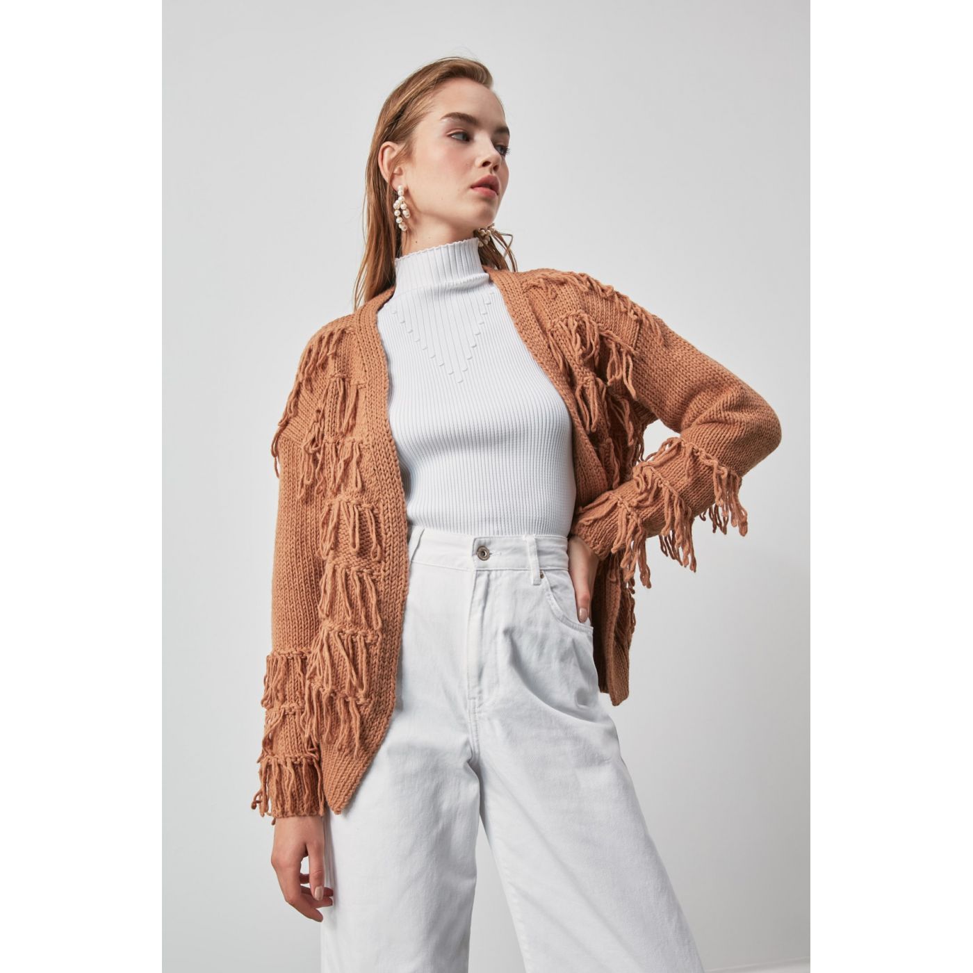 Trendyol Camel Tassel Knitwear Cardigan