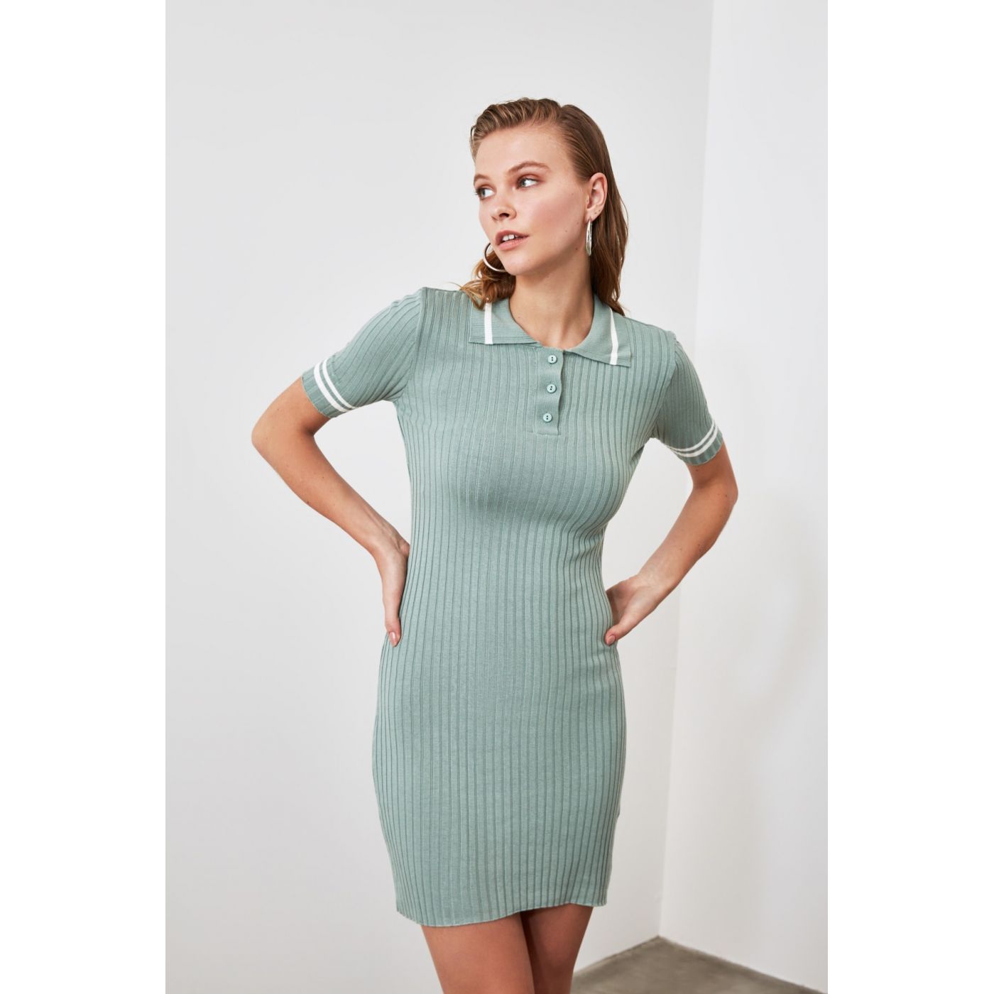Trendyol Mint Polo Collar Knitwear Dress