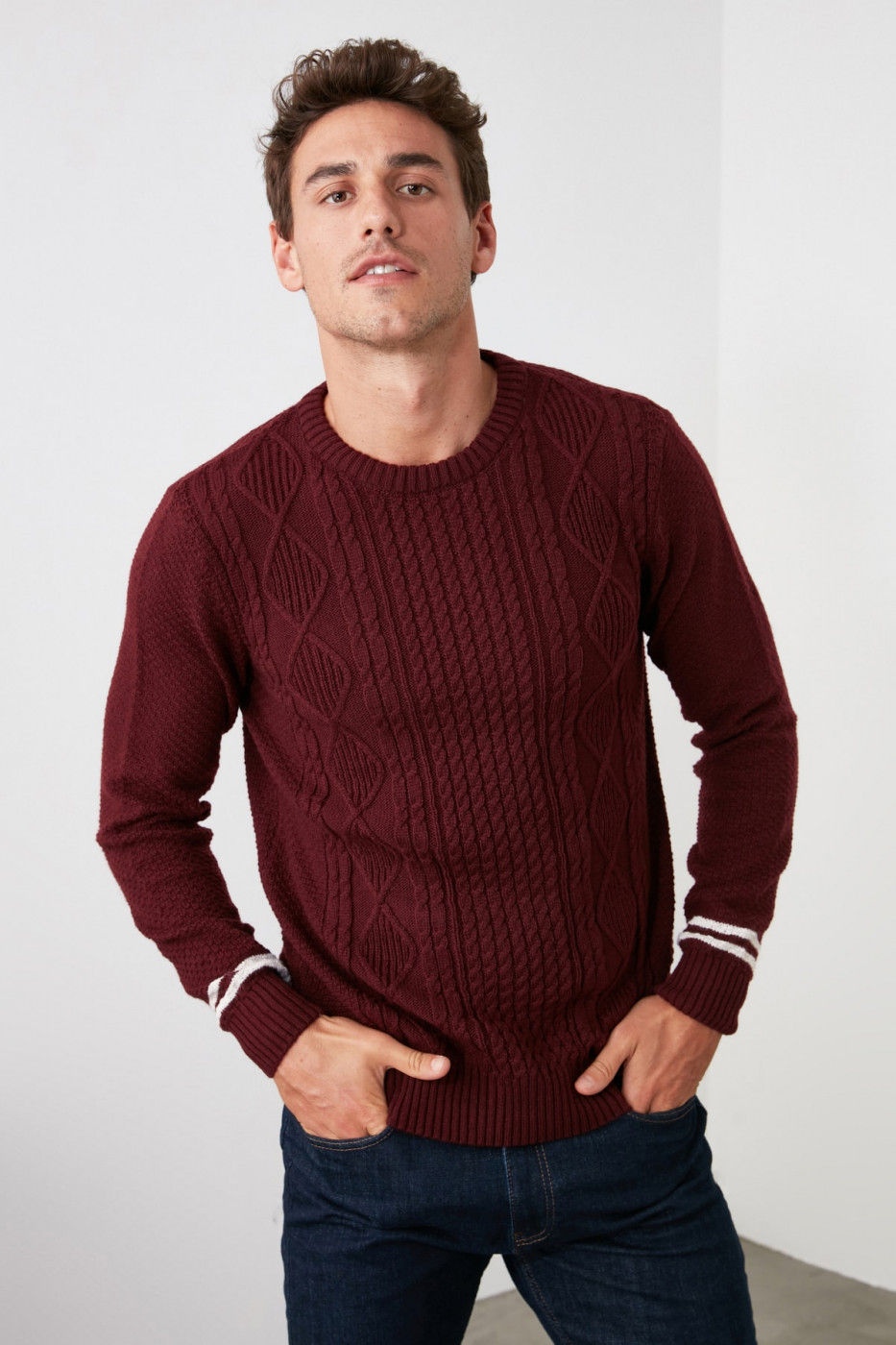 Trendyol Burgundy Men's Bicycle Collar Hair Braid Handle Striped Sweater