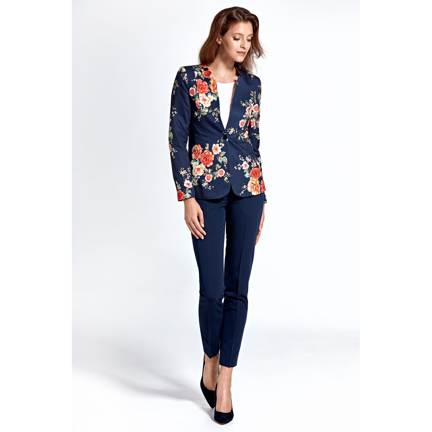 Colett Woman's Jacket Cz06 Flowers Navy Blue