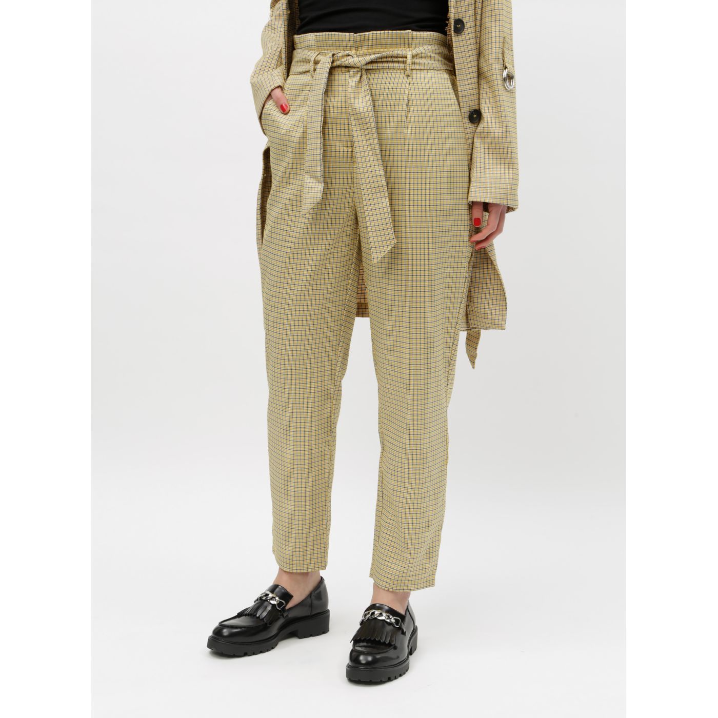 Beige Plaid Trousers with High Waist VILA Faylinn
