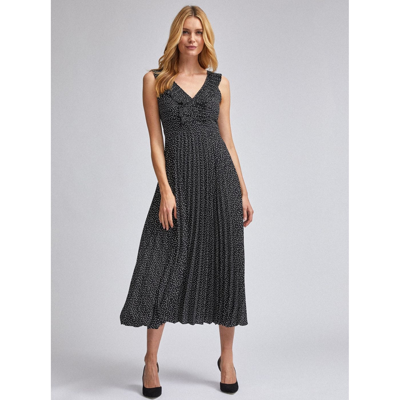 Black dotted maxi dress with pleated Dorothy Perkins skirt
