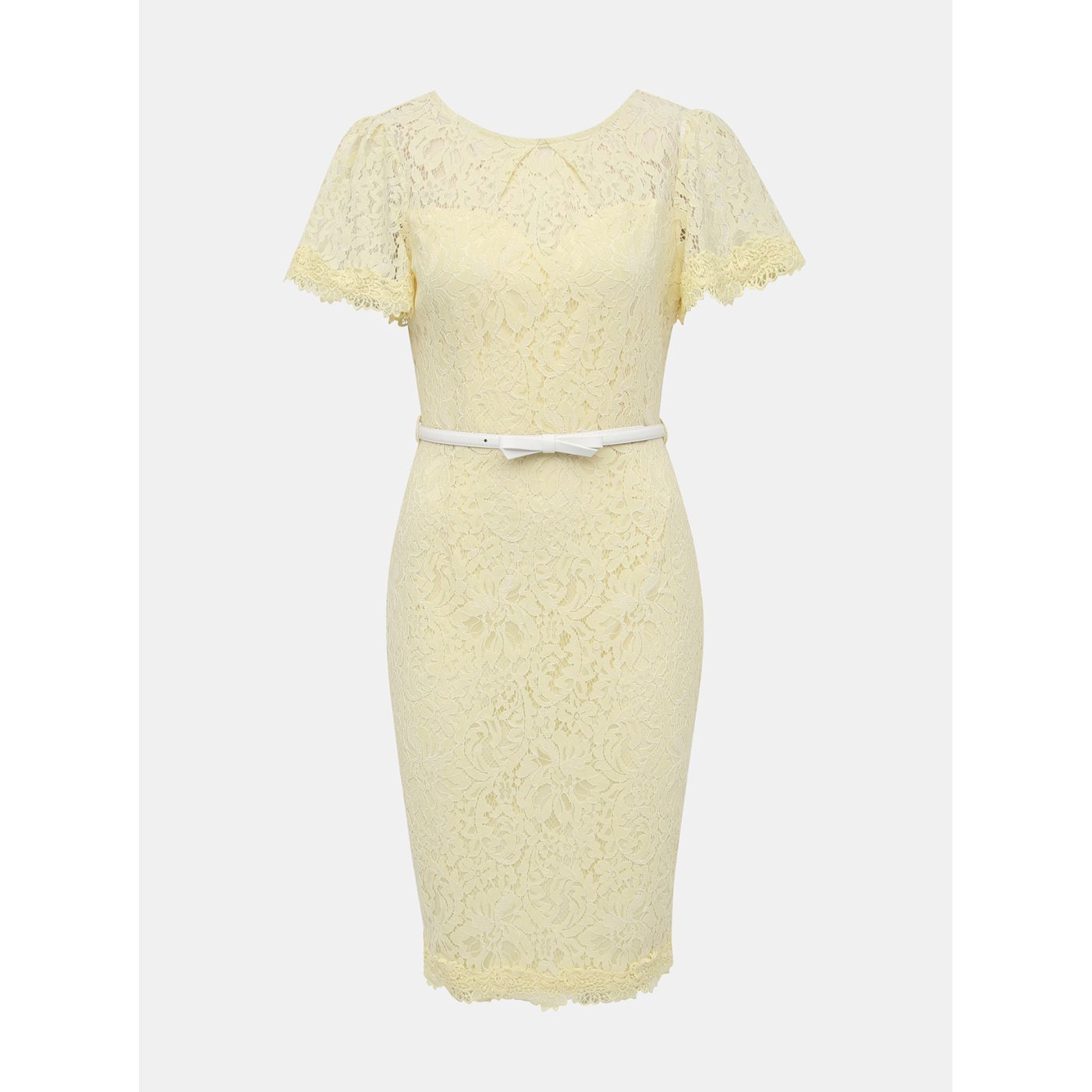 Light yellow lace pencil dress with Dorothy Perkins belt