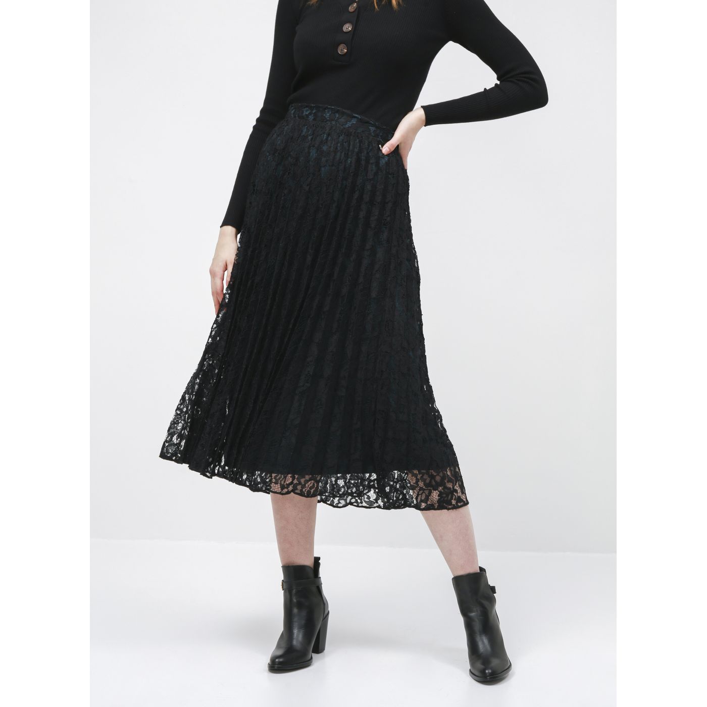 Black Lace Pleated Midi Skirt Tom Tailor Denim