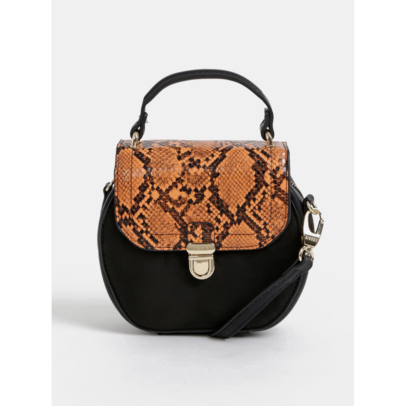 Black crossbody handbag in suede finish with snake pattern Bessie London