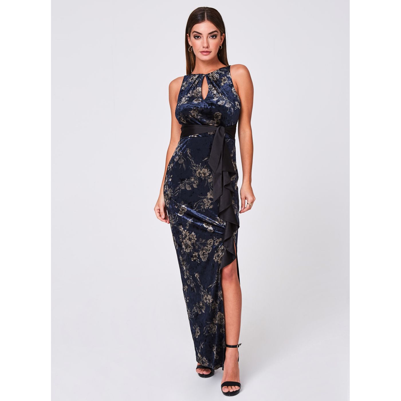 Dark Blue Velvet Floral Maxi Dress Paper Dolls
