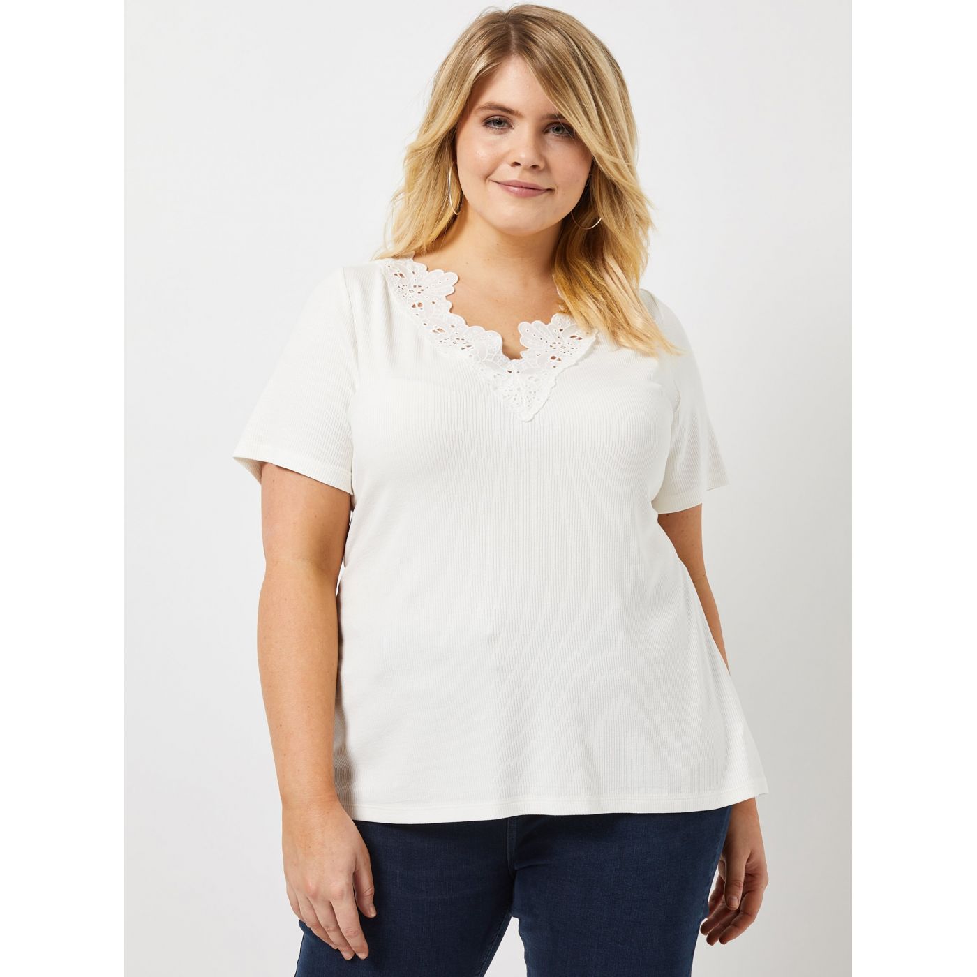 Dorothy Perkins Curve Lace White Ribbed T-Shirt