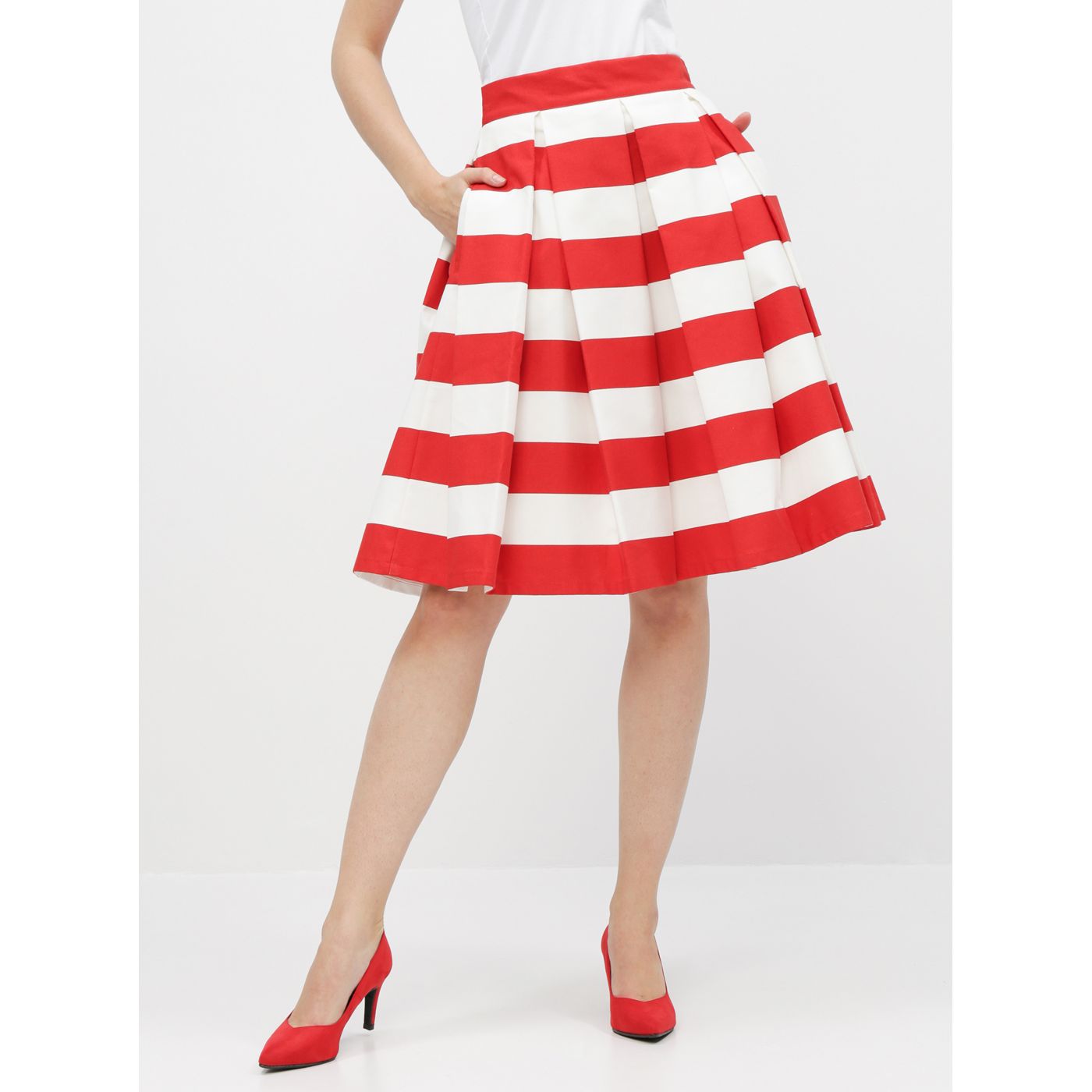 Red-cream striped round skirt MONLEMON Navy Red