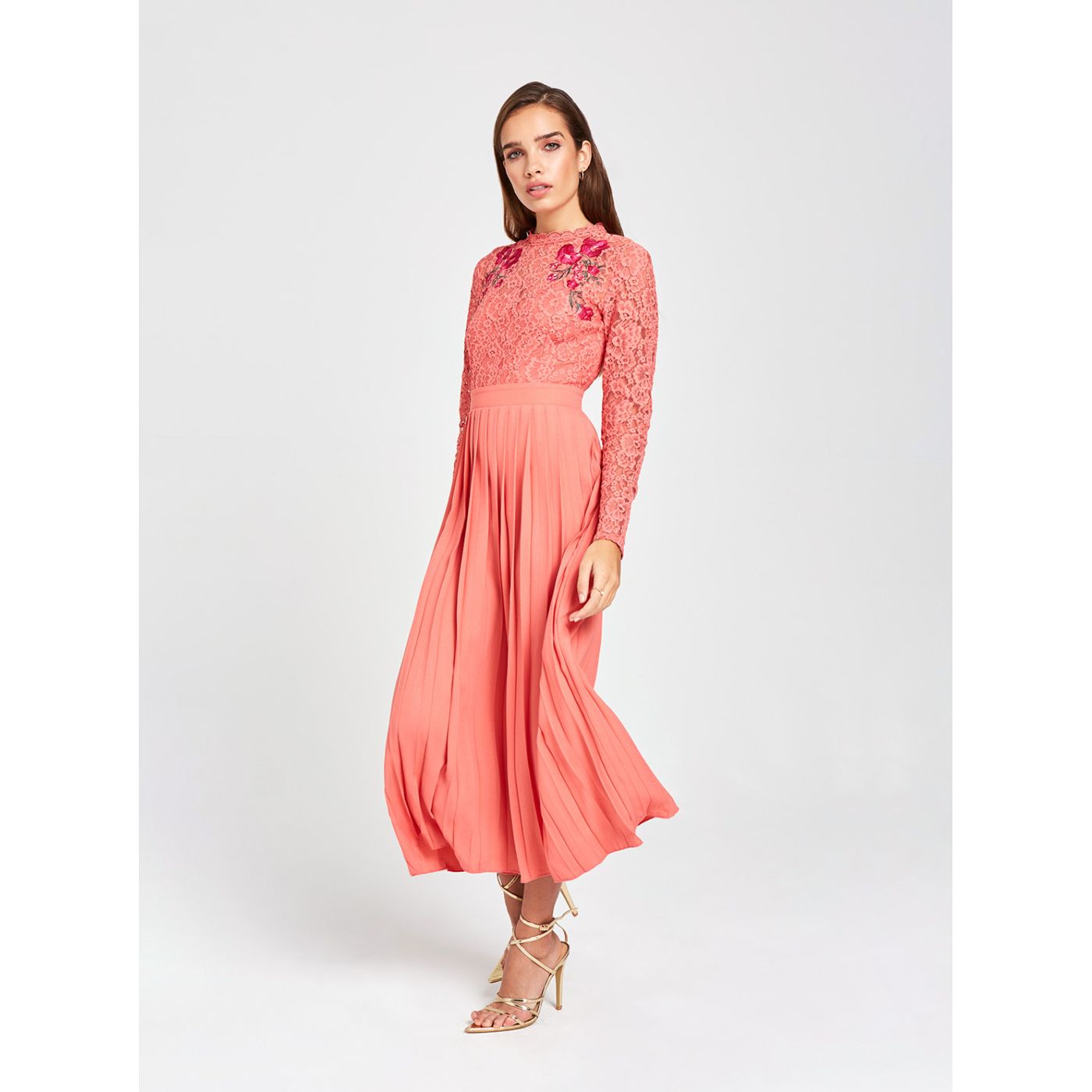 Coral pleated maxi dress with lace and Little Mistress embroidery