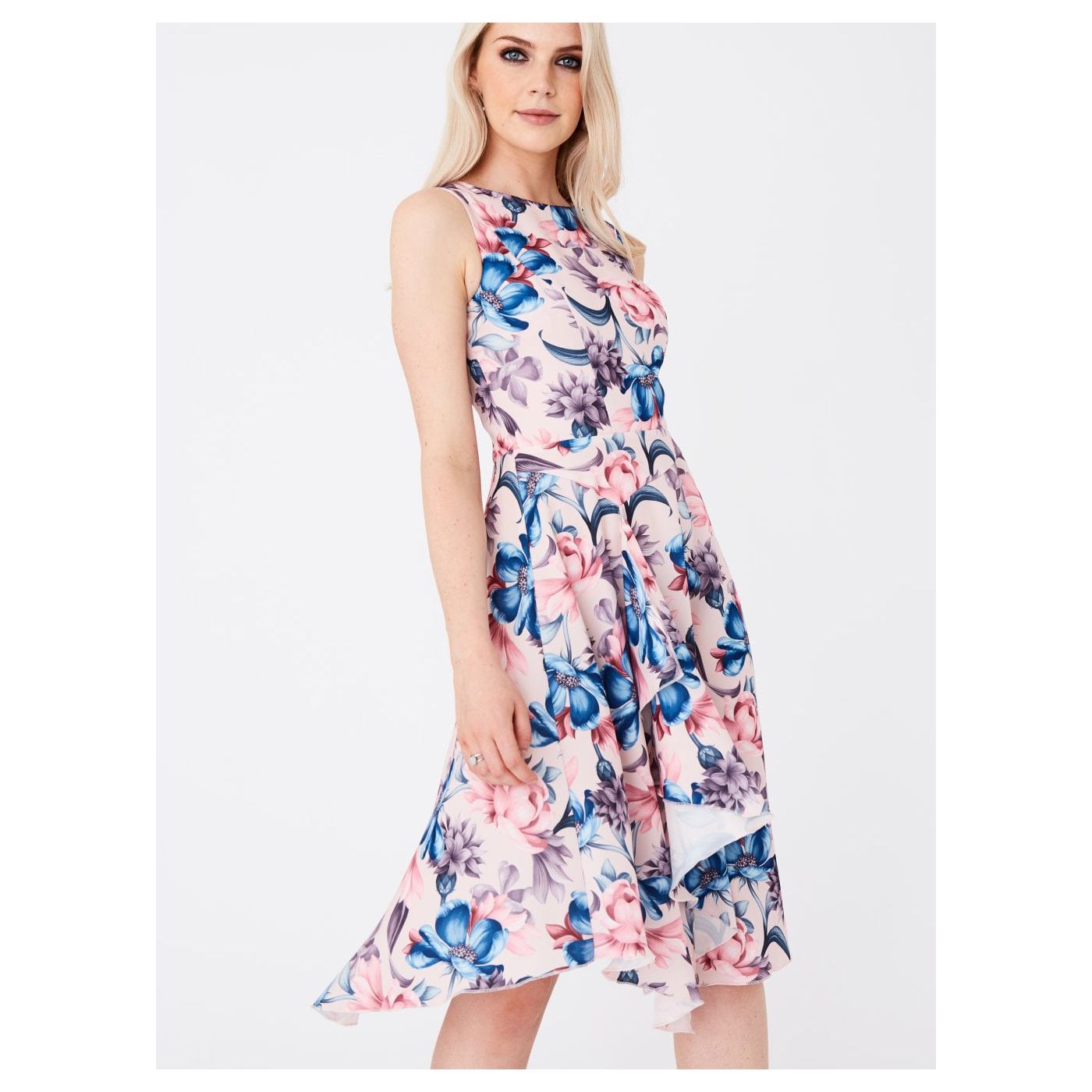 Blue-Pink Floral Paper Dolls Dress