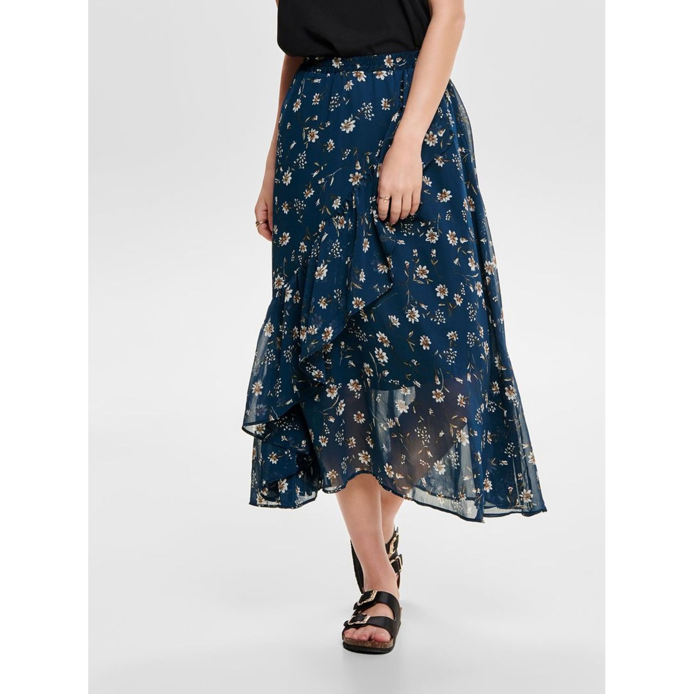 Dark blue floral midi skirt with ruffle ONLY Sheena