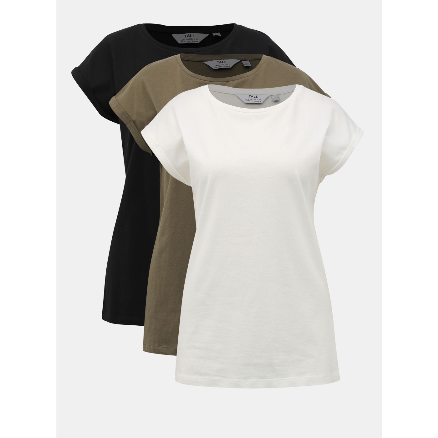 Dorothy Perkins Tall set of three basic T-shirts in black, white and khaki