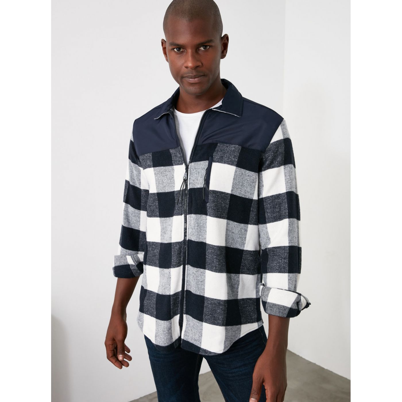 Trendyol Navy Men's Zip Plaid Jacket Shirt