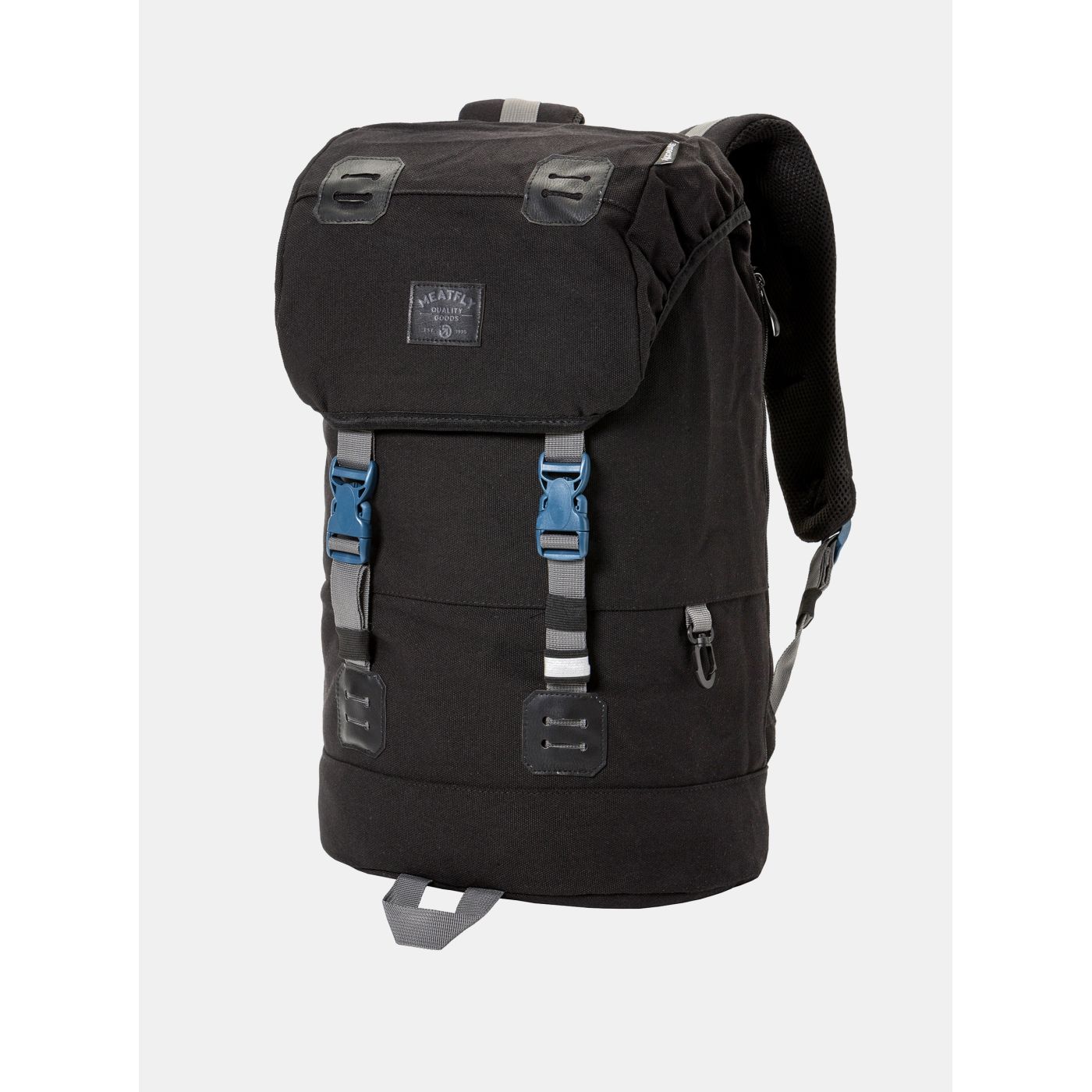 Black backpack and leatherette details and meatfly 26 l raincoat