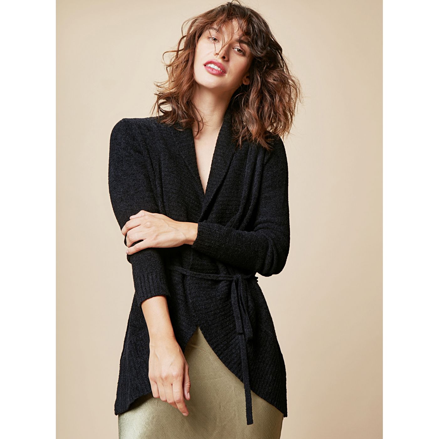 Black basic cardigan with detachable touch me tie belt. Caro