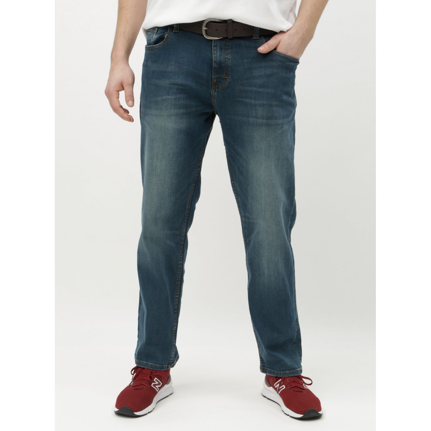 Blue straight jeans with burton menswear london belt