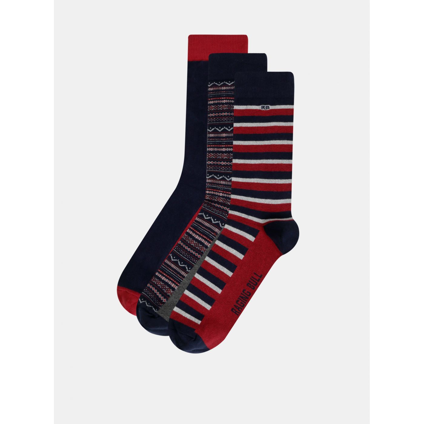 Set of three pairs of patterned socks in dark blue and red raging bull