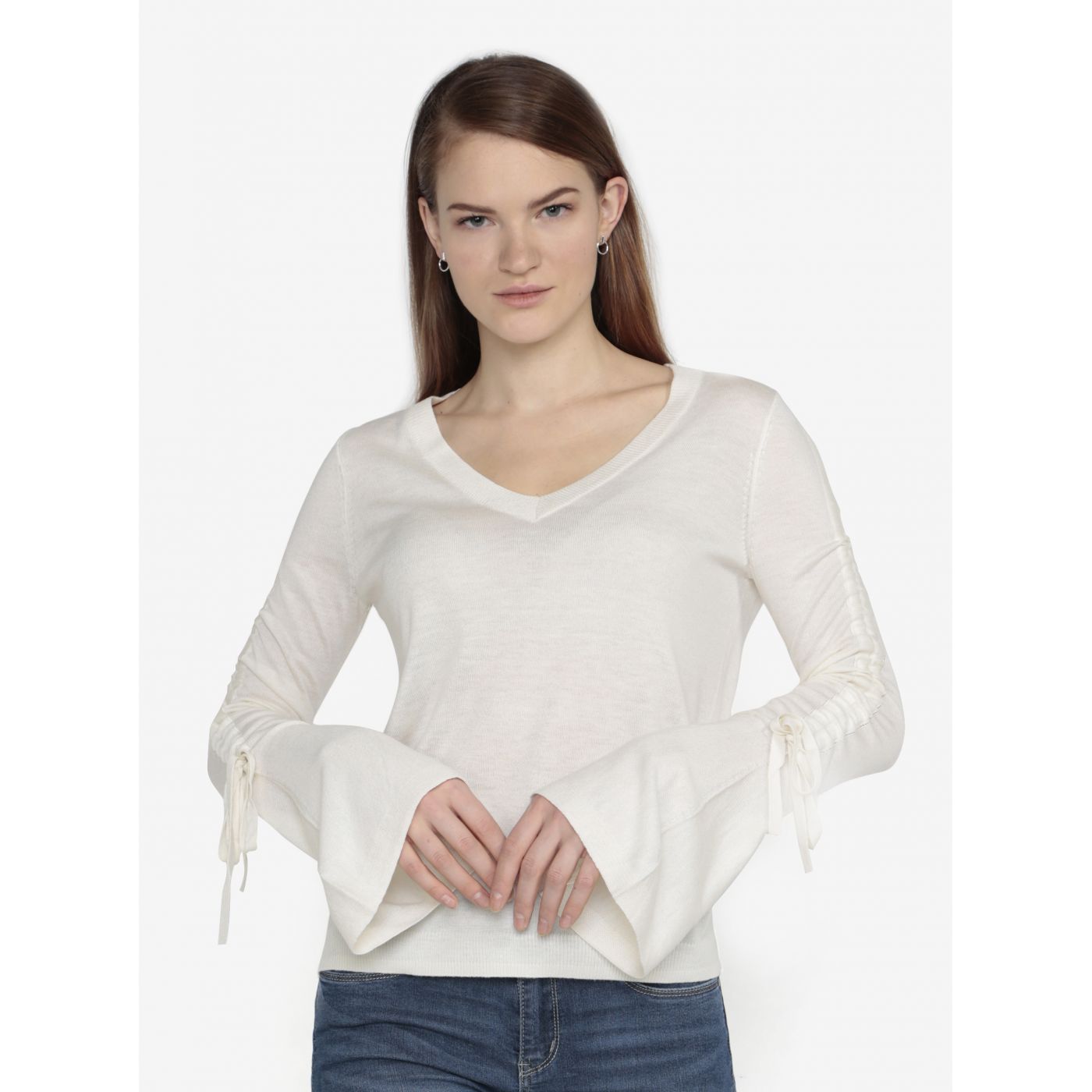Cream light sweater with lashing on sleeves VERO MODA Adriana
