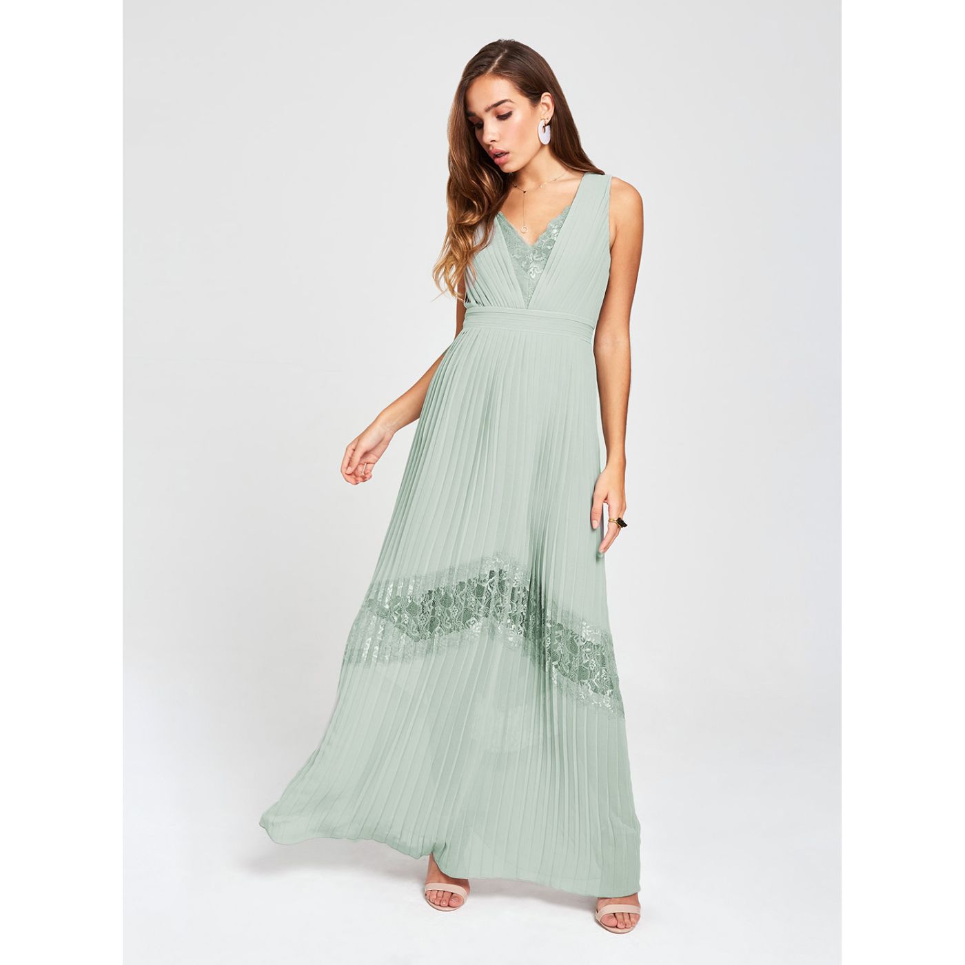Grey pleated maxi dress with Little Mistress lace