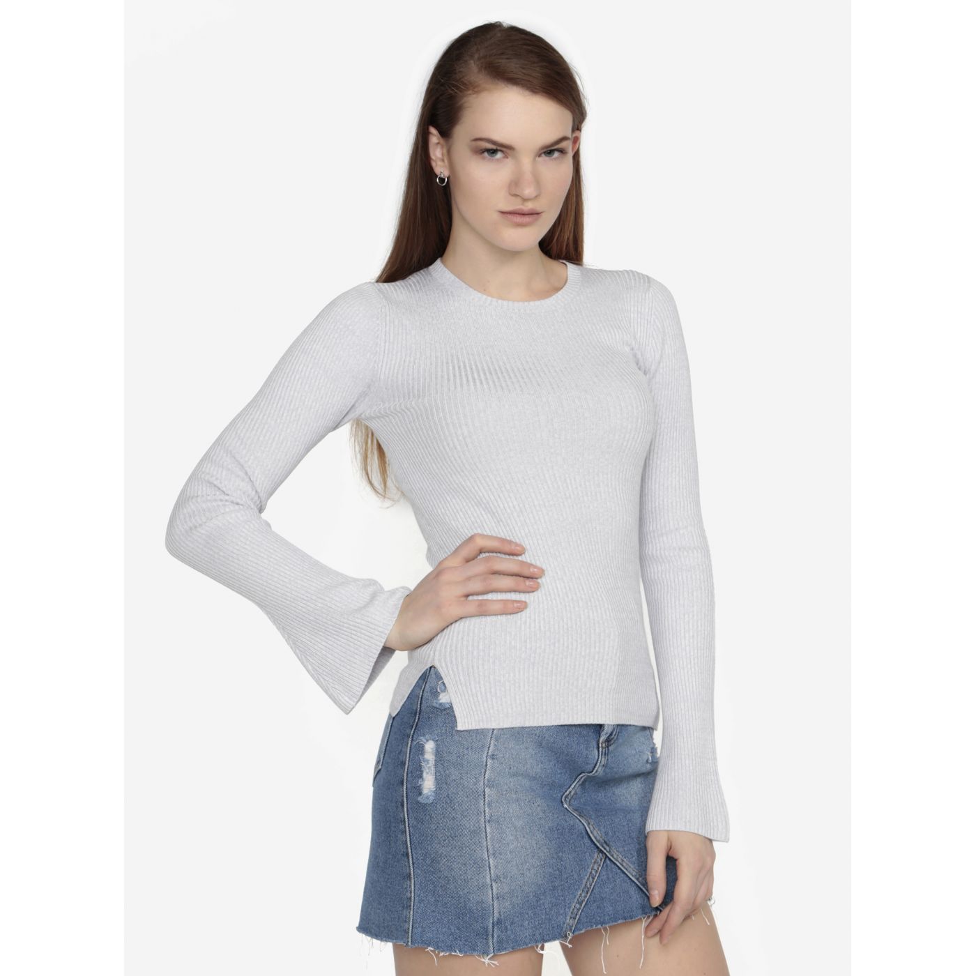 Miss Selfridge's Light Grey Ribbed Sweater with Bell Sleeves