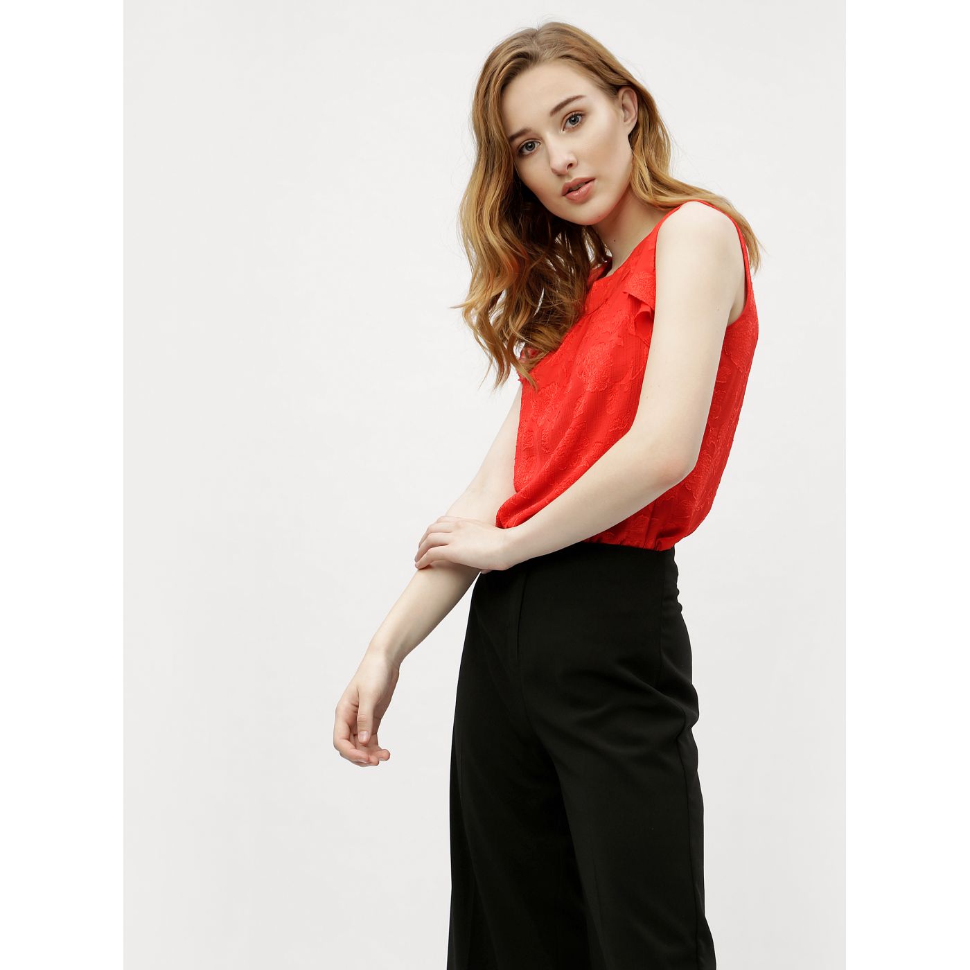 Red floral blouse with M&Co ruffles