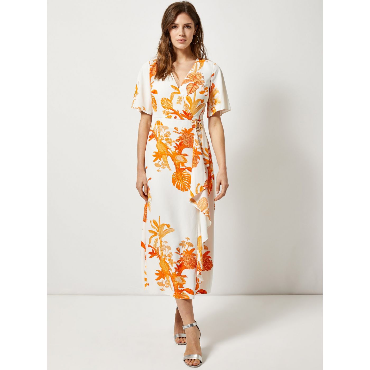 Orange-white patterned maxi dress with dorothy perkins ruffle