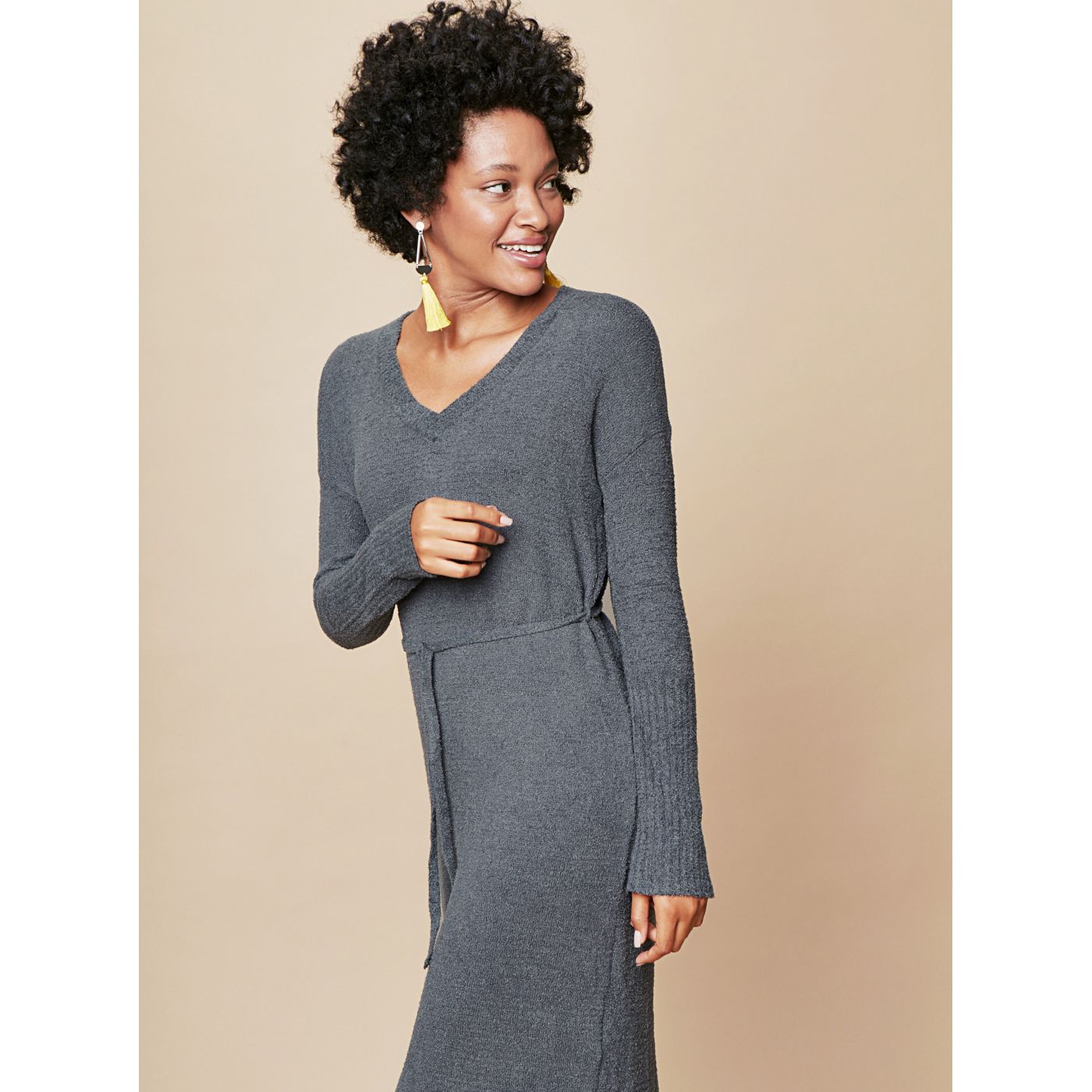 Grey sweater dress with V-neck and touch me tie.