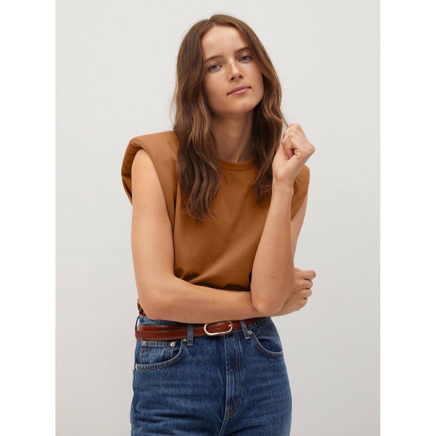 Brown top with mango shoulder pads