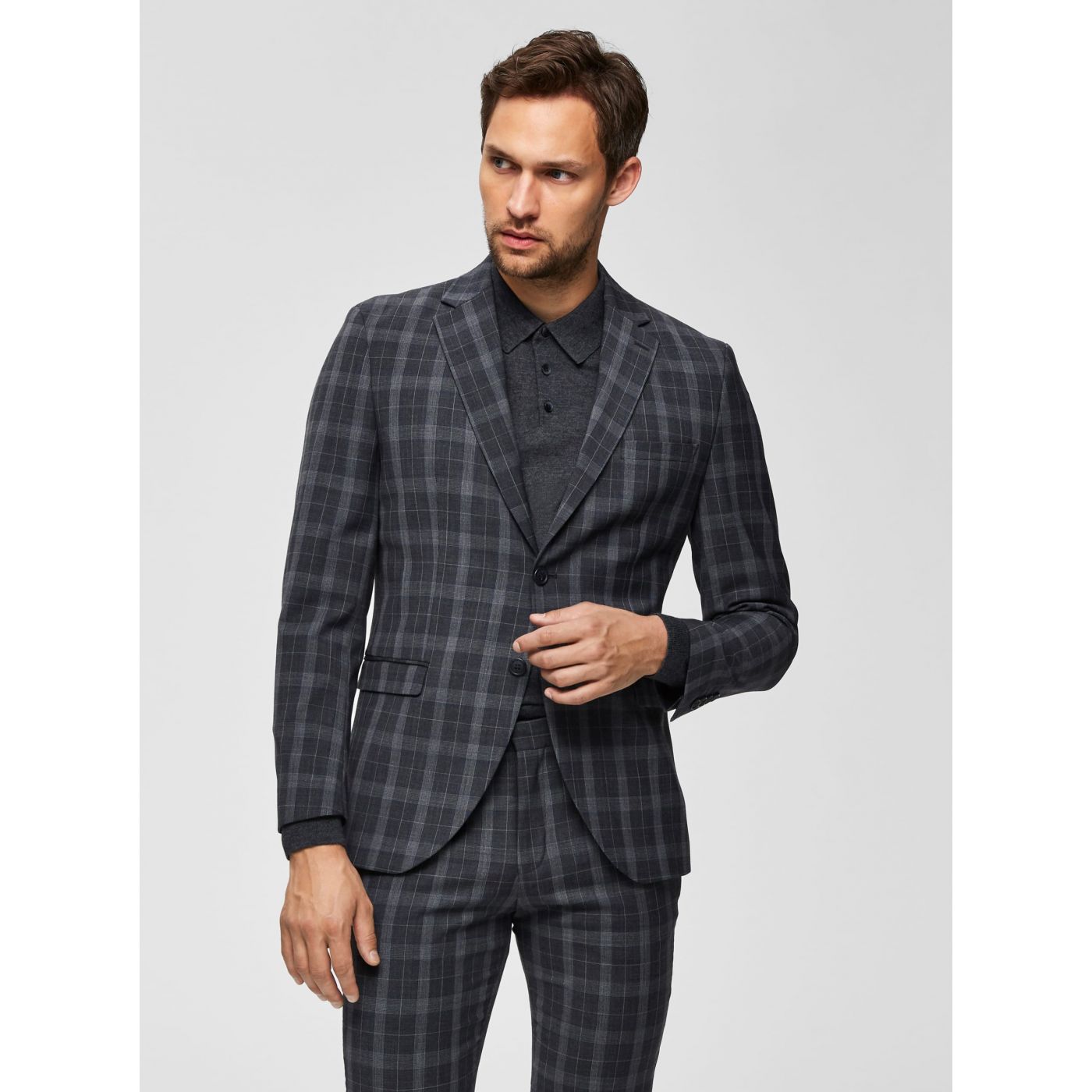 Grey Plaid Slim Fit Jacket with Admixture Wool Selected By Homme Myloport