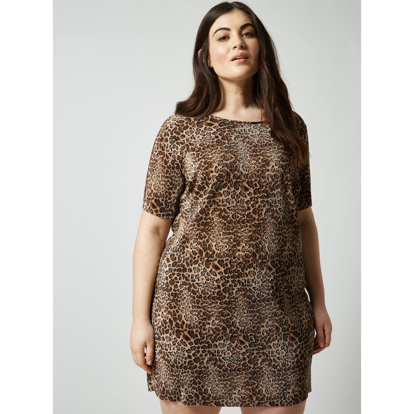 Dorothy Perkins Curve Leopard-Print Brown Pleated Dress