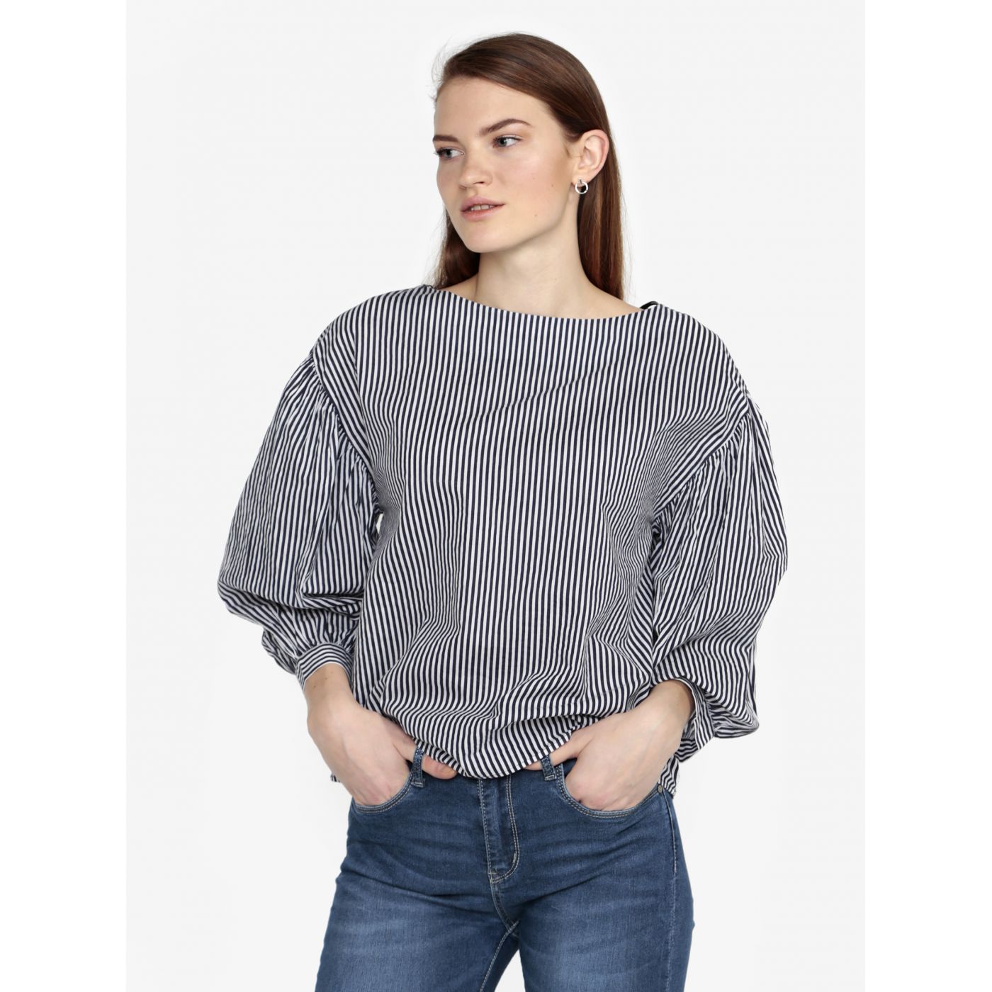 Dark blue striped blouse with balloon sleeves VERO MODA Minnie