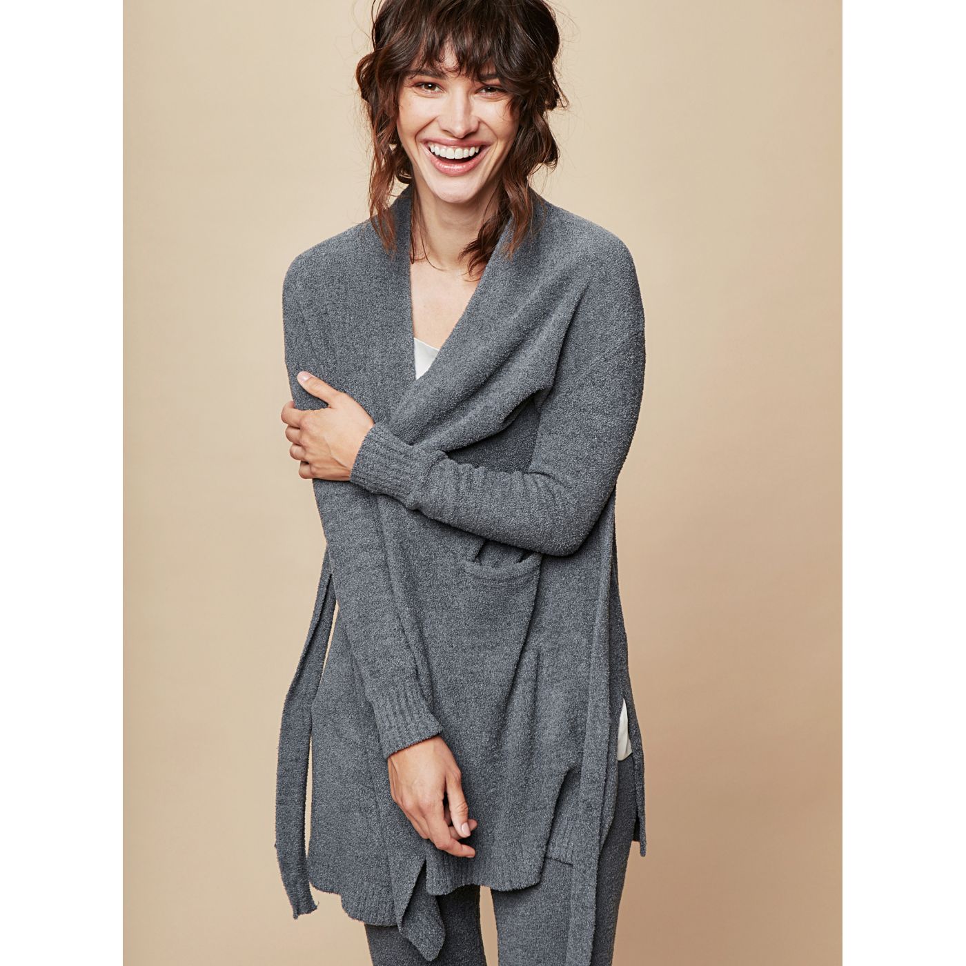 Grey long basic cardigan with pockets touch me. Simply