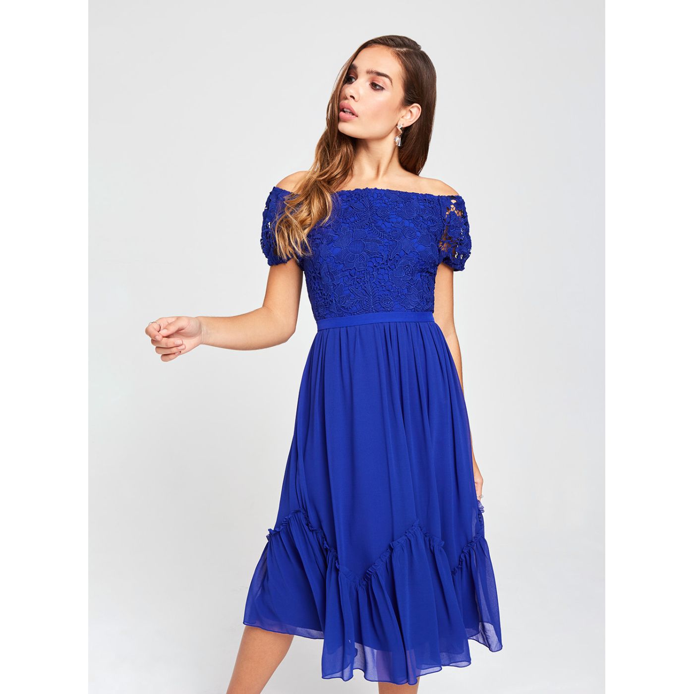 Dark Blue Dress with Exposed Shoulders and Little Mistress Lace
