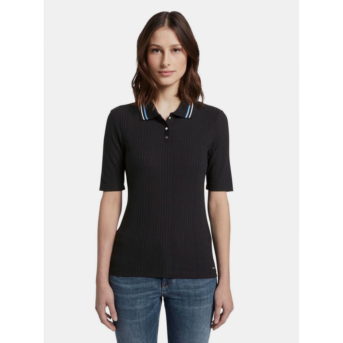 Black Women's Ribbed Polo T-Shirt Tom Tailor Denim